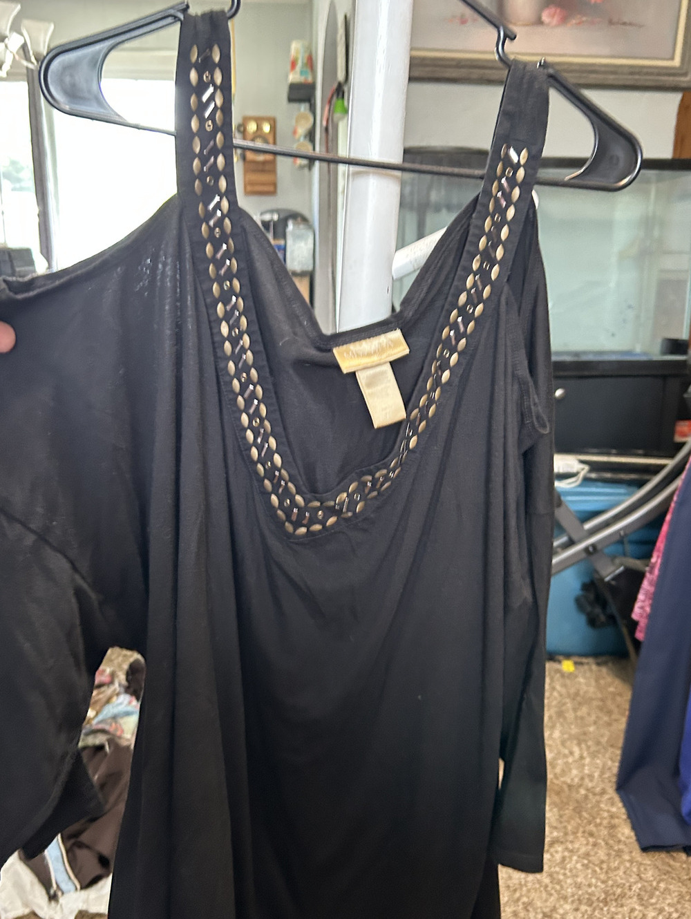 Miss Tina Black Cold Shoulder Dress with Studded Neckline Size 4X